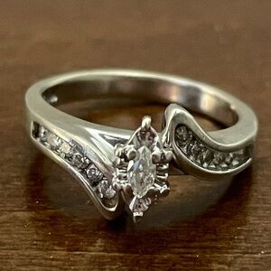 Solid Gold Natural Diamond marquise round engagement ring 3mm band 1/3 ct 10kt